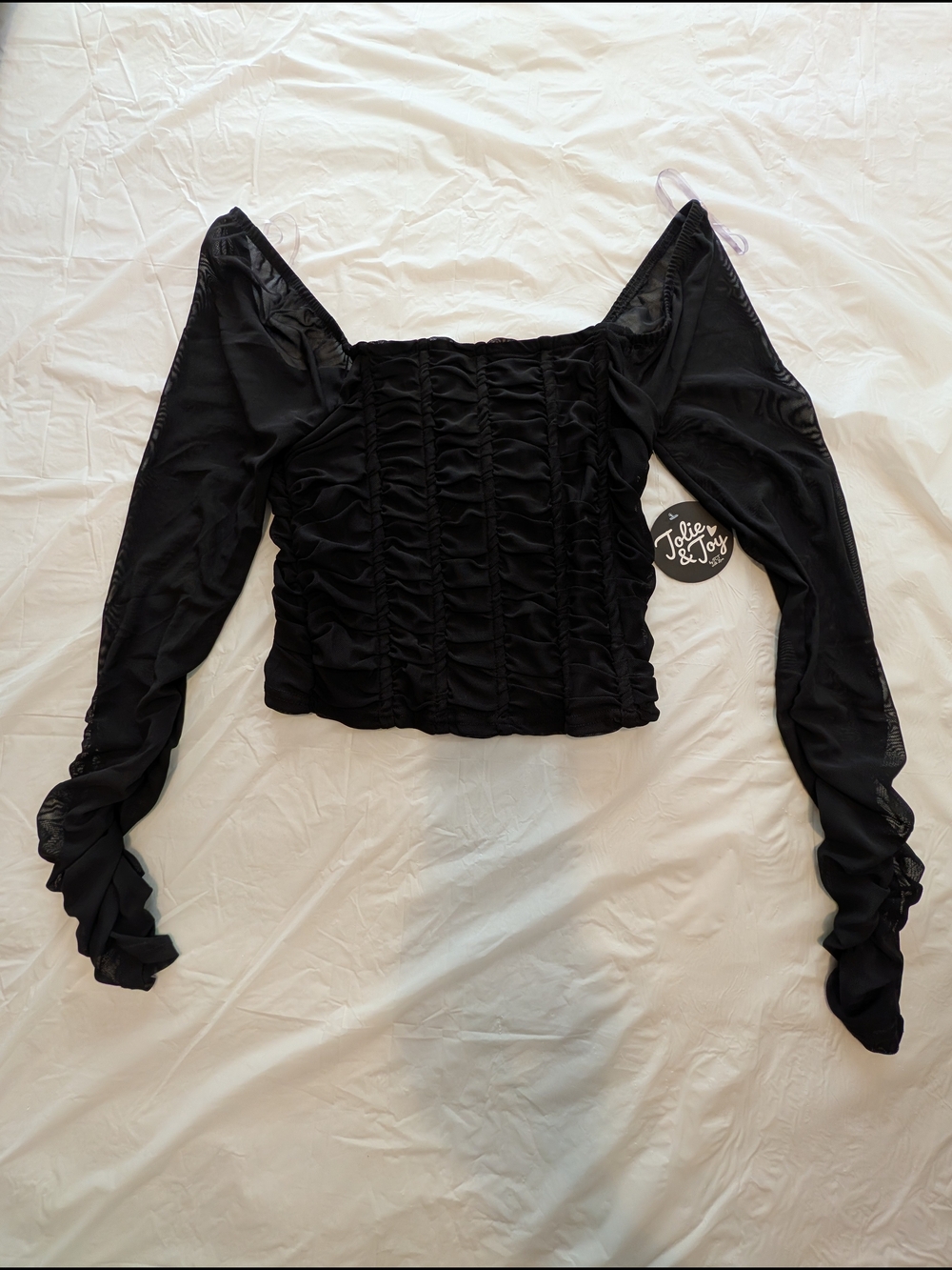 Jolie & Joy Ruched Long Sleeve Cropped Blouse Black Whimsigoth Women's Large New